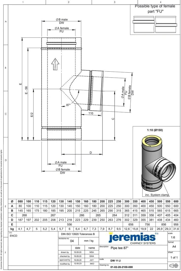 Jeremias DW-FU T-Anschluss 200mm 87 Grad Edelstahl mit Wassernase doppelwandig für Abgasanlage Öl Ga