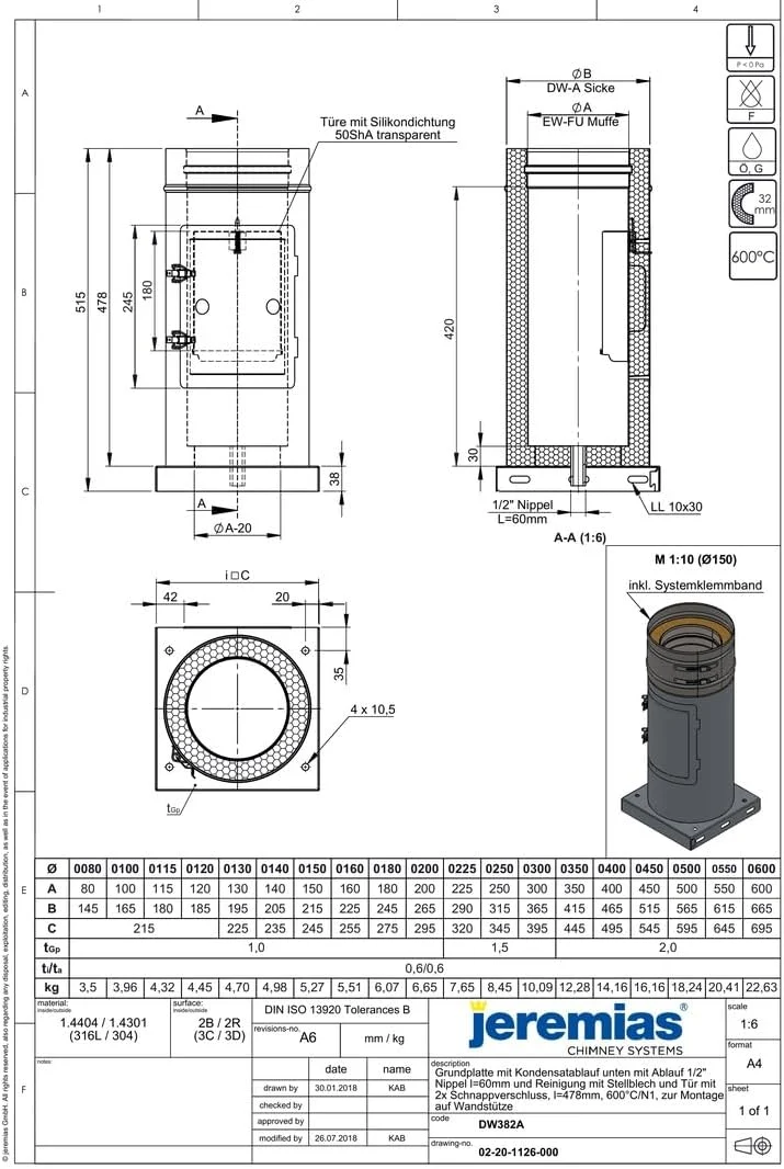 Jeremias DW-FU Revisionselement Ø 115 mm Edelstahl mit Grundplatte und Kondensatablauf für Aussenber