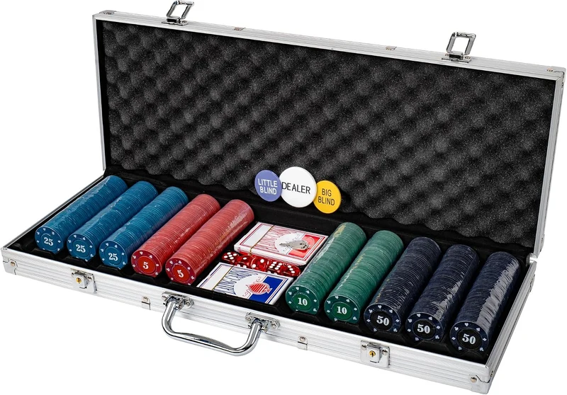 H&F Heimtextilien Pokerkoffer Set 500 Chips mit Kartenmischer – Komplettes Poker Spielset mit Karten