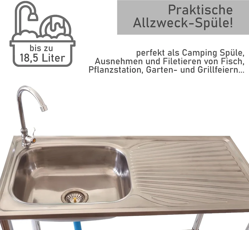 Lemodo Outdoor Spüle | Edelstahl Spültisch mit Wasserhahn | Spülbecken mit Siebeinsatz | Edelstahlsp