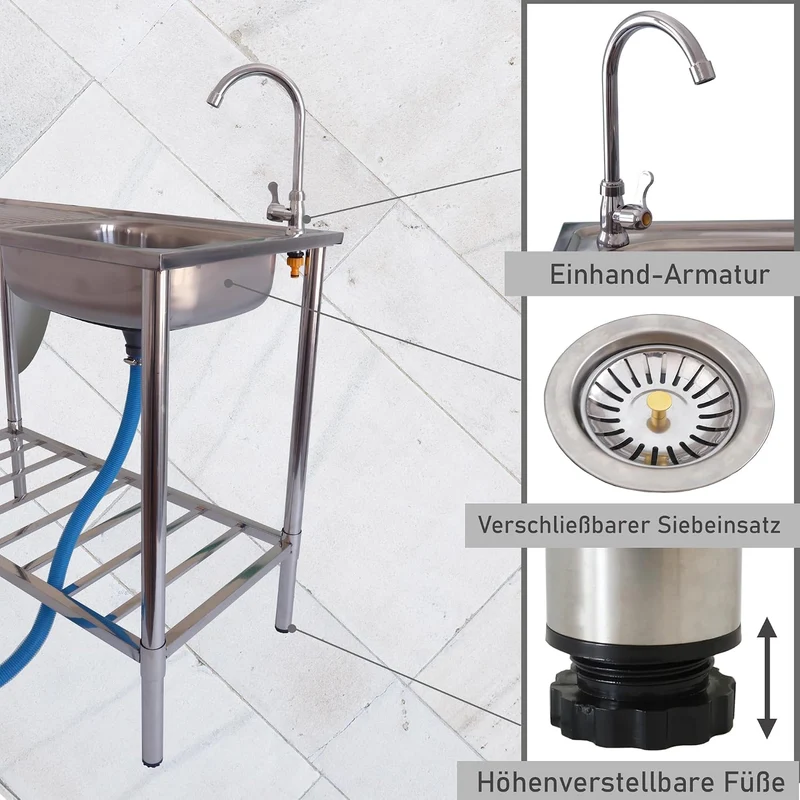 Lemodo Outdoor Spüle | Edelstahl Spültisch mit Wasserhahn | Spülbecken mit Siebeinsatz | Edelstahlsp
