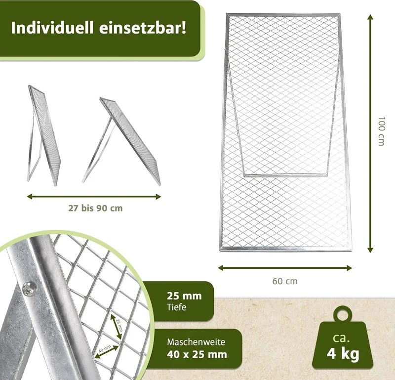 Lemodo Durchwurfsieb 100x60 cm, Gitter mit Maschenweite 40x25 mm verzinkt, stabiles Gartensieb wette