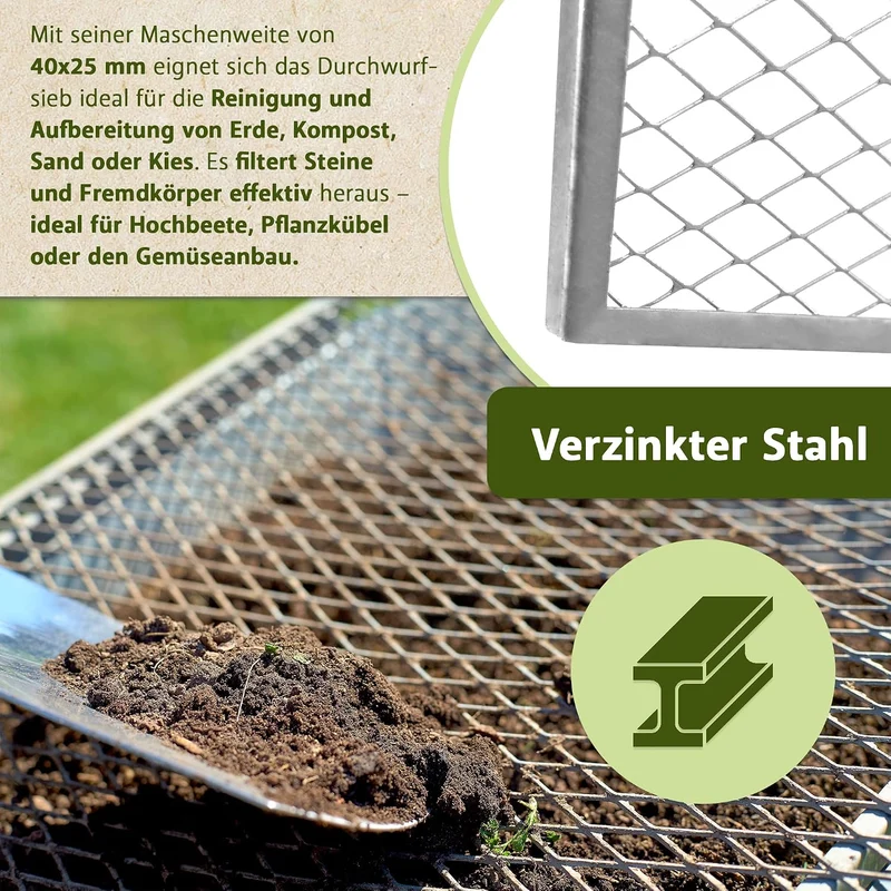 Lemodo Durchwurfsieb 100x60 cm, Gitter mit Maschenweite 40x25 mm verzinkt, stabiles Gartensieb wette