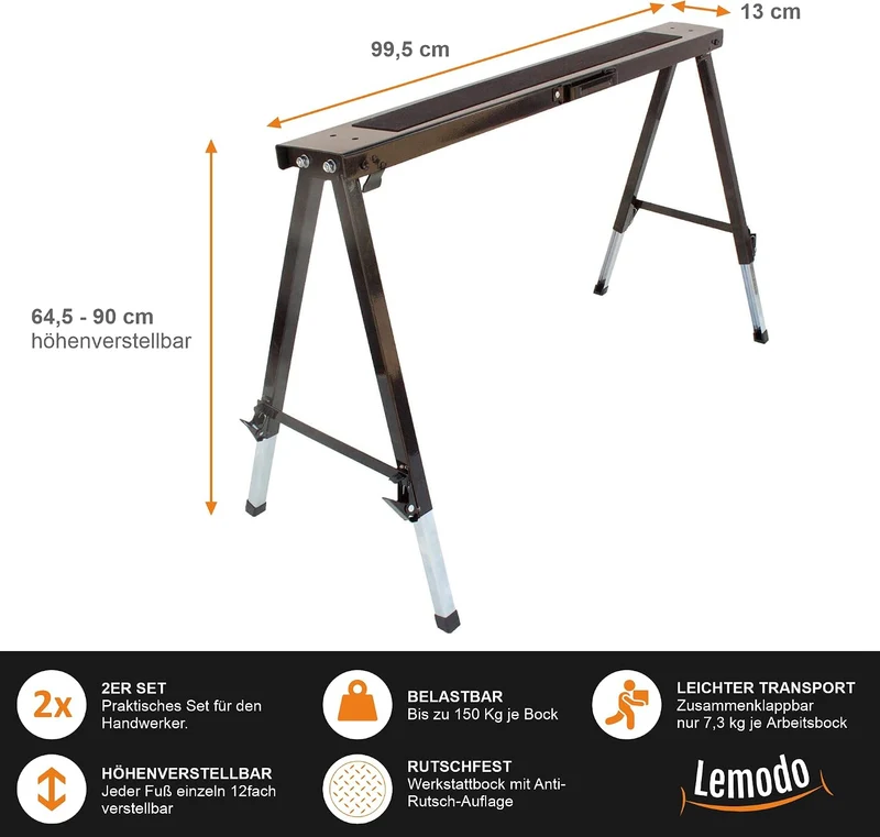 Lemodo Arbeitsbock höhenverstellbar 2er Set, Klappbock Stahl mit 150 kg Tragkraft pro Bock, Anti-Rut