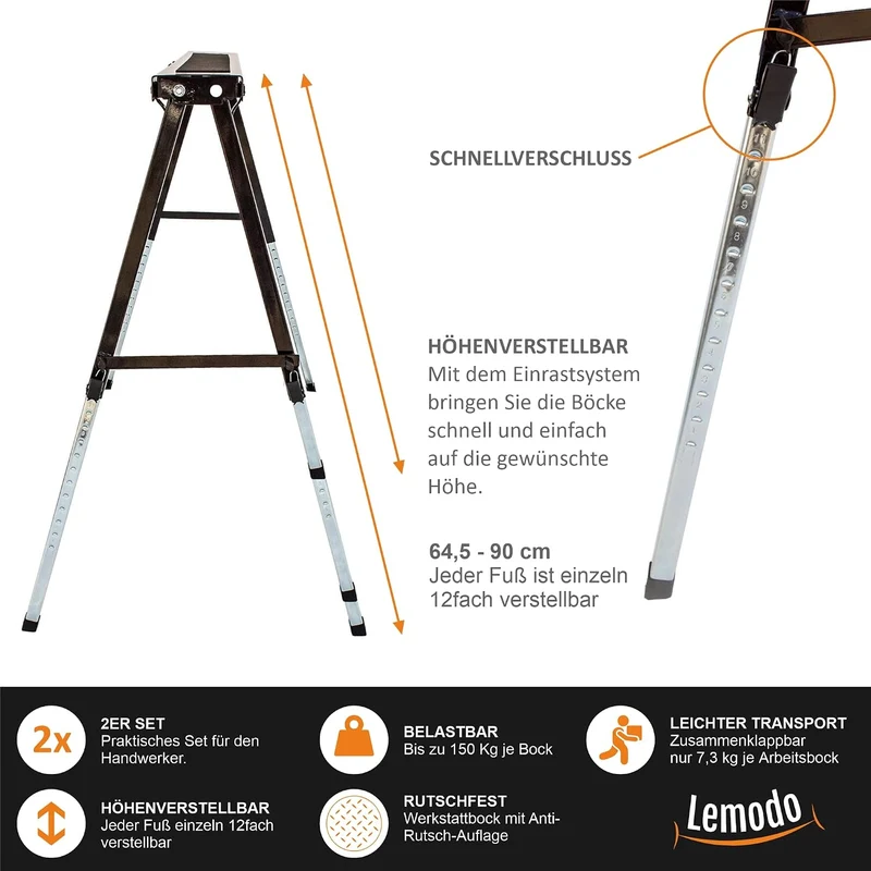 Lemodo Arbeitsbock höhenverstellbar 2er Set, Klappbock Stahl mit 150 kg Tragkraft pro Bock, Anti-Rut