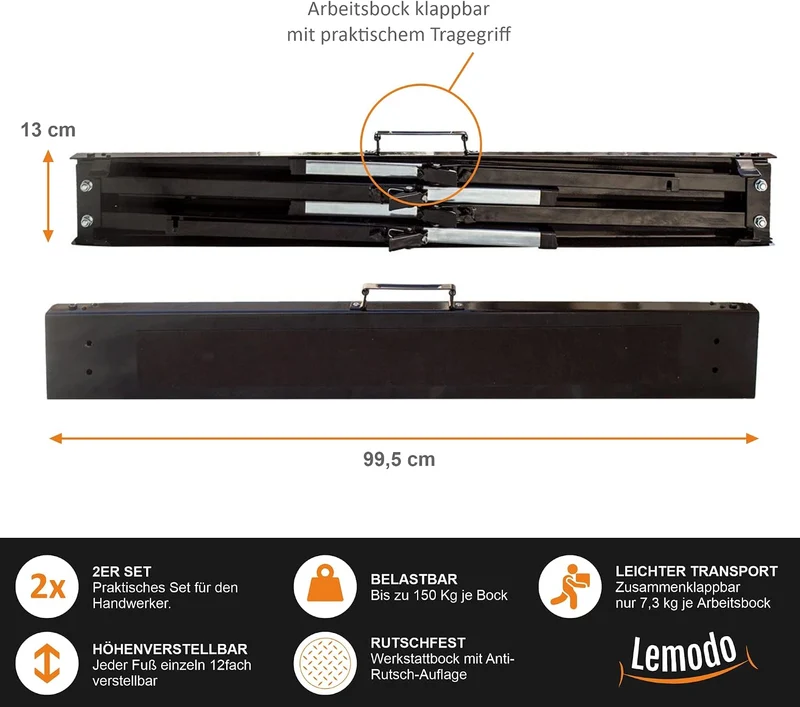 Lemodo Arbeitsbock höhenverstellbar 2er Set, Klappbock Stahl mit 150 kg Tragkraft pro Bock, Anti-Rut