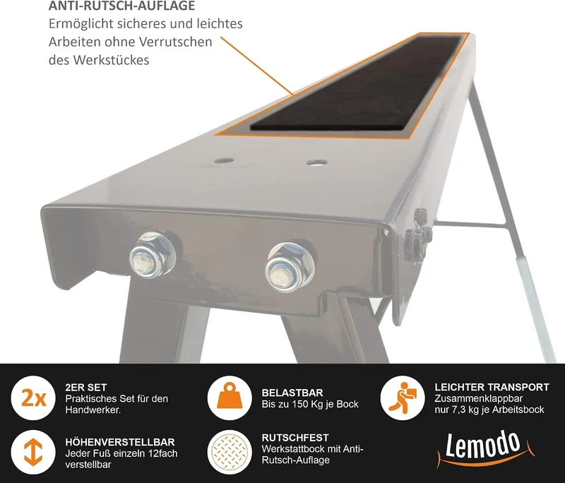 Lemodo Arbeitsbock höhenverstellbar 2er Set, Klappbock Stahl mit 150 kg Tragkraft pro Bock, Anti-Rut