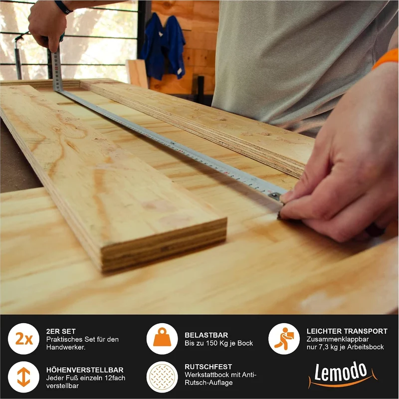 Lemodo Arbeitsbock höhenverstellbar 2er Set, Klappbock Stahl mit 150 kg Tragkraft pro Bock, Anti-Rut