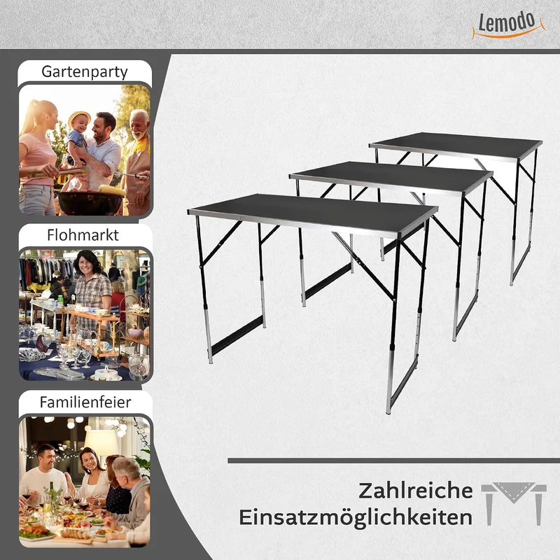 Lemodo Tapeziertisch 3-teilig klappbar – höhenverstellbarer Multifunktionstisch Aluminium mit verstä