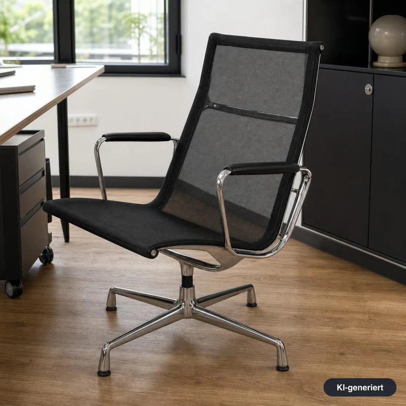 Vitra EA 116 Netz schwarz Chrom mit Lederarmlehnen