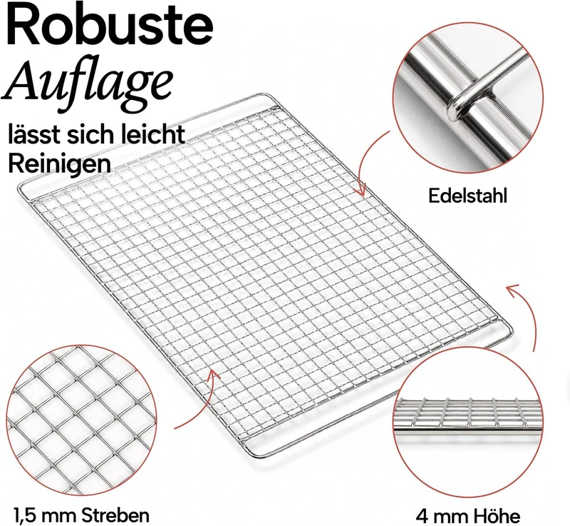 Lemodo Räucherrost Edelstahl, Räuchergitter in Netzform, 36,5 x 25,5 cm, Auflagefläche 31 x 24 cm, G