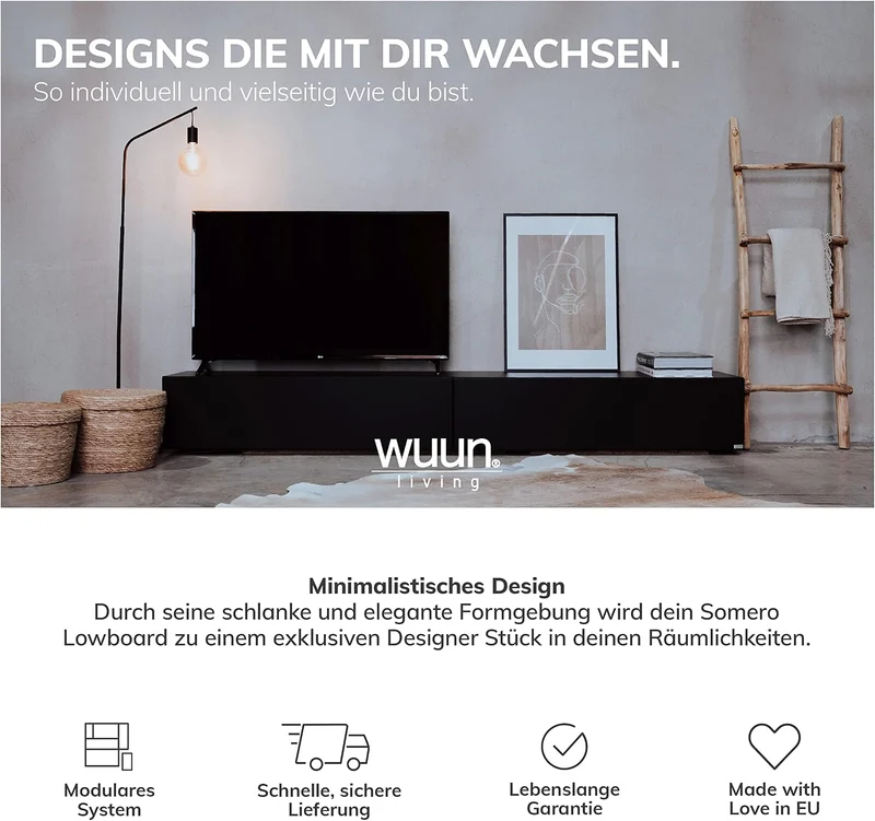 Wuun® TV-Lowboard Somero I 100cm bis 360cm I TV-Schrank & Hängeschrank für Wohnzimmer I Verschiedene