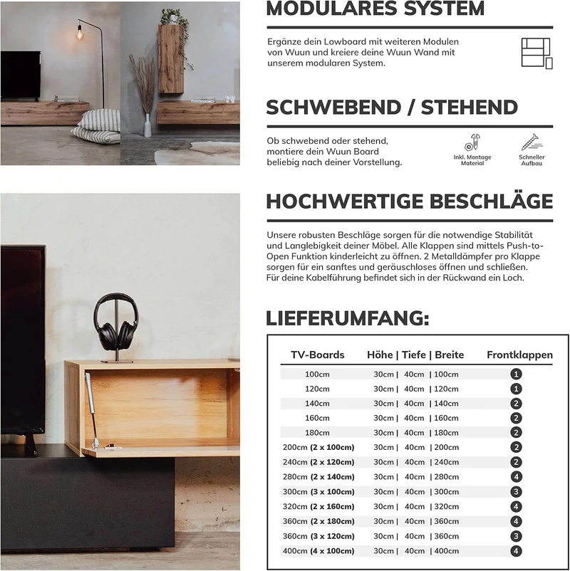 Wuun® TV-Lowboard Somero I 100cm bis 360cm I TV-Schrank & Hängeschrank für Wohnzimmer I Verschiedene