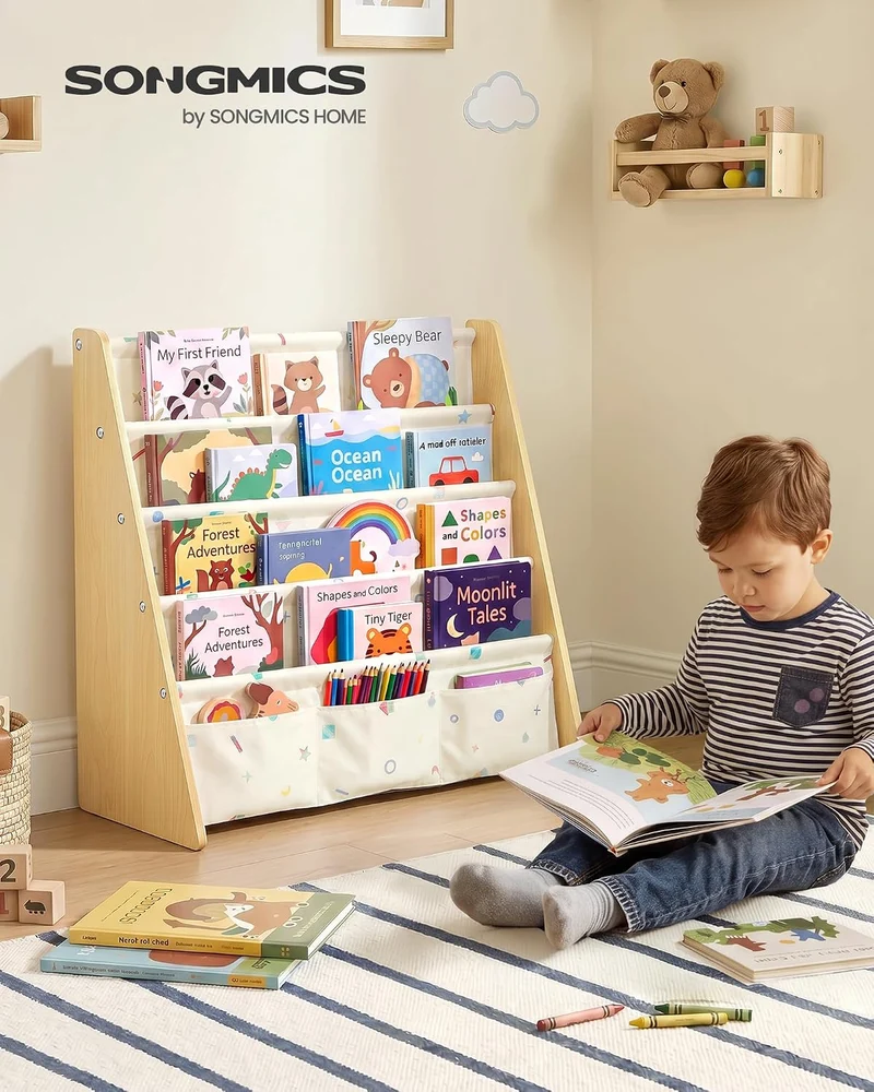 SONGMICS Bücherregal Kinder, mit 4 Ebenen, 62,4 x 25 x 60 cm Buchenbeige + Gelb 4 Ebenen, Buchenbeig