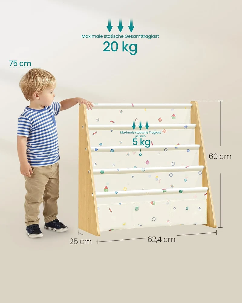 SONGMICS Bücherregal Kinder, mit 4 Ebenen, 62,4 x 25 x 60 cm Buchenbeige + Gelb 4 Ebenen, Buchenbeig
