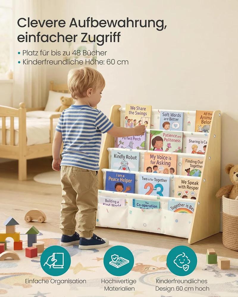SONGMICS Bücherregal Kinder, mit 4 Ebenen, 62,4 x 25 x 60 cm Buchenbeige + Gelb 4 Ebenen, Buchenbeig