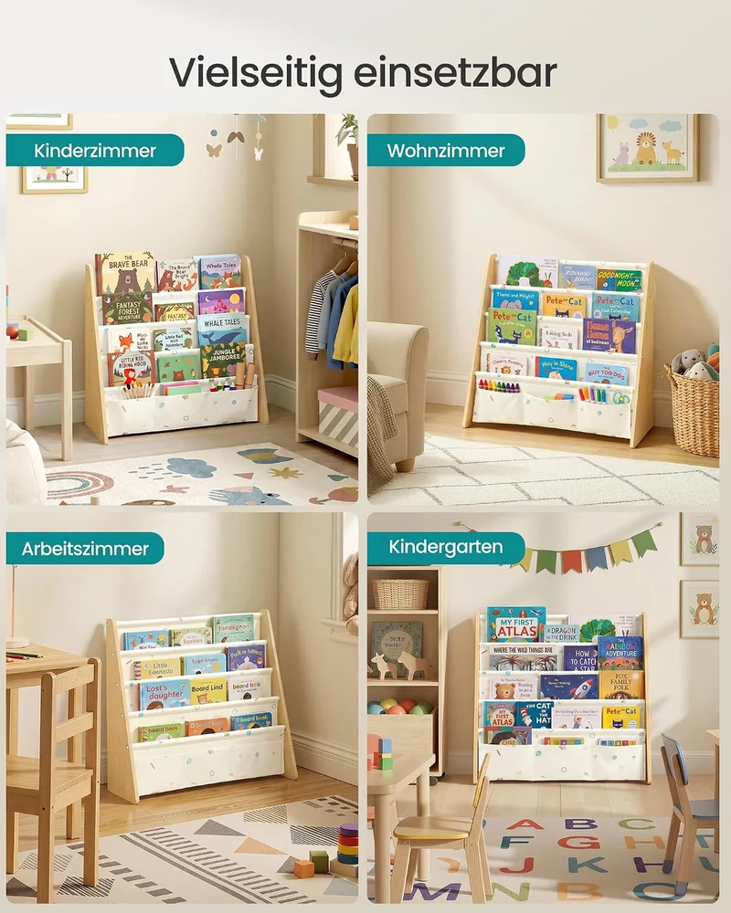 SONGMICS Bücherregal Kinder, mit 4 Ebenen, 62,4 x 25 x 60 cm Buchenbeige + Gelb 4 Ebenen, Buchenbeig
