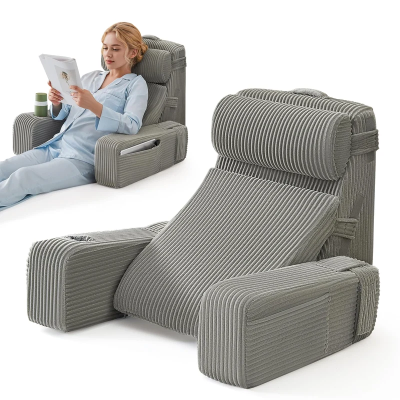 Lesekissen für Bett und Sofa,Bücherkissen mit Abnehmbarer Nackenrolle & Armlehne,Rückenkissen Bett,B
