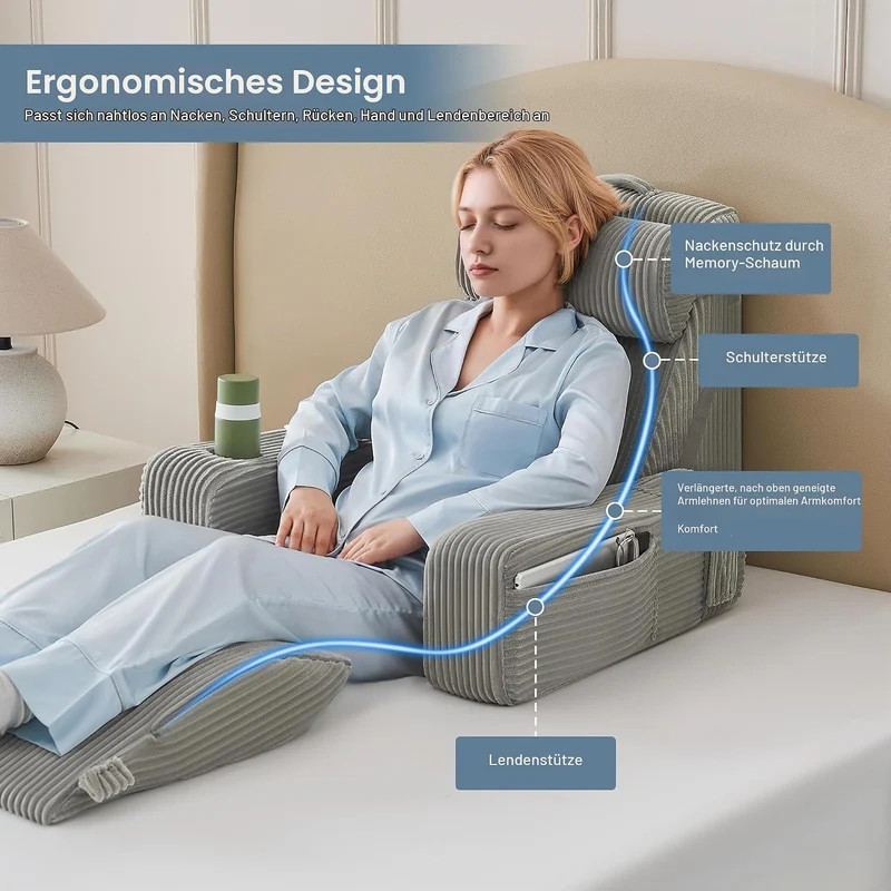 Lesekissen für Bett und Sofa,Bücherkissen mit Abnehmbarer Nackenrolle & Armlehne,Rückenkissen Bett,B