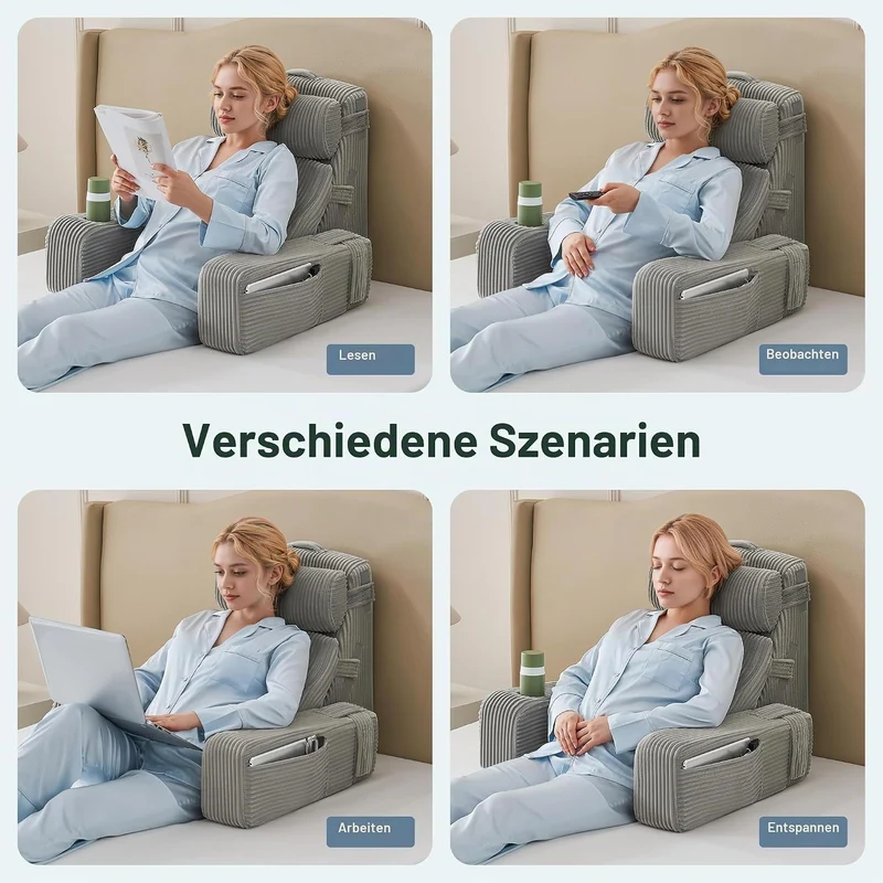Lesekissen für Bett und Sofa,Bücherkissen mit Abnehmbarer Nackenrolle & Armlehne,Rückenkissen Bett,B