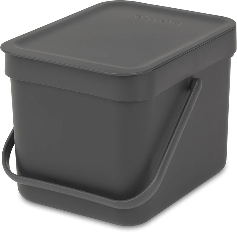 axisgo - Brabantia Sort & Go Abfalleimer mit Deckel 6 L (grau), platzsparender Biomüll Behälter mit Griff, abnehmbarer, feststellbarer Deckel, leicht zu reinigender kleiner Mülleimer ohne Ecken und Ränder