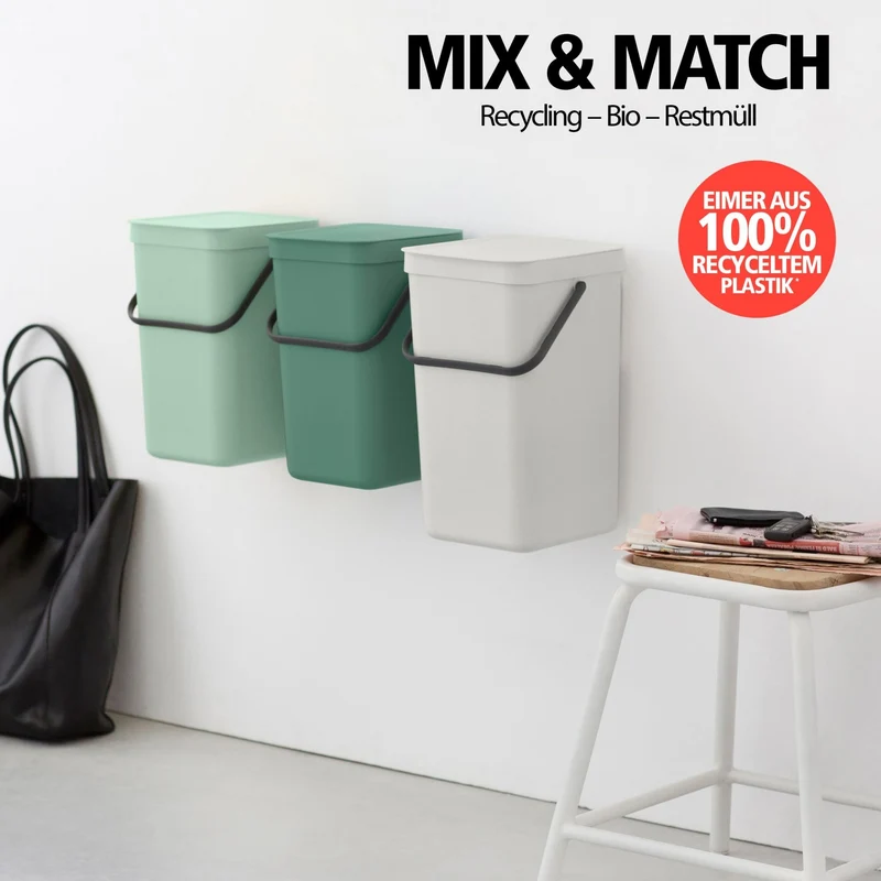 axisgo - Brabantia Sort & Go Abfalleimer mit Deckel 6 L (grau), platzsparender Biomüll Behälter mit Griff, abnehmbarer, feststellbarer Deckel, leicht zu reinigender kleiner Mülleimer ohne Ecken und Ränder
