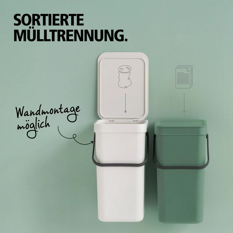 axisgo - Brabantia Sort & Go Abfalleimer mit Deckel 6 L (grau), platzsparender Biomüll Behälter mit Griff, abnehmbarer, feststellbarer Deckel, leicht zu reinigender kleiner Mülleimer ohne Ecken und Ränder