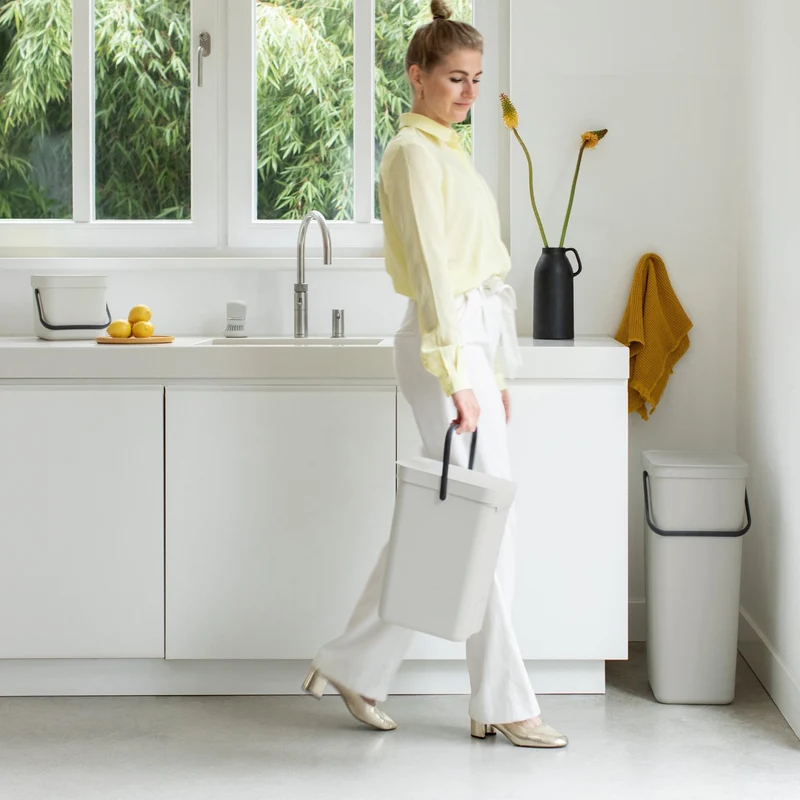 axisgo - Brabantia Sort & Go Abfalleimer mit Deckel 6 L (grau), platzsparender Biomüll Behälter mit Griff, abnehmbarer, feststellbarer Deckel, leicht zu reinigender kleiner Mülleimer ohne Ecken und Ränder
