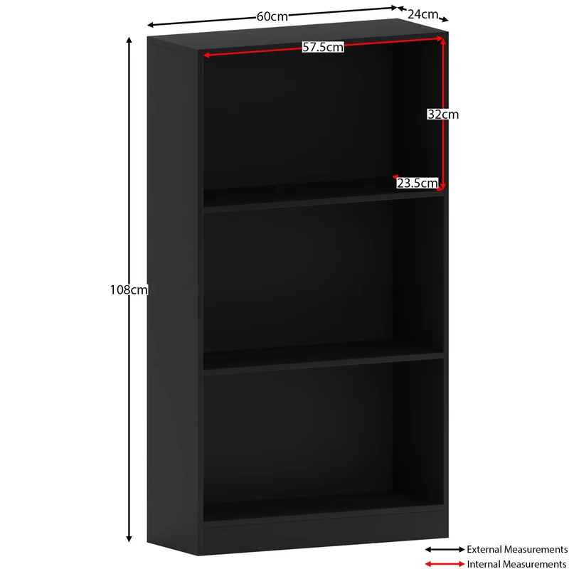 axisgo - Vida Designs Cambridge Bücherregal mit 3 Ebenen, mittelhoch, schwarz, Holz-Regaleinheit für Büro, Wohnzimmermöbel, 24 x 60 x 108 cm