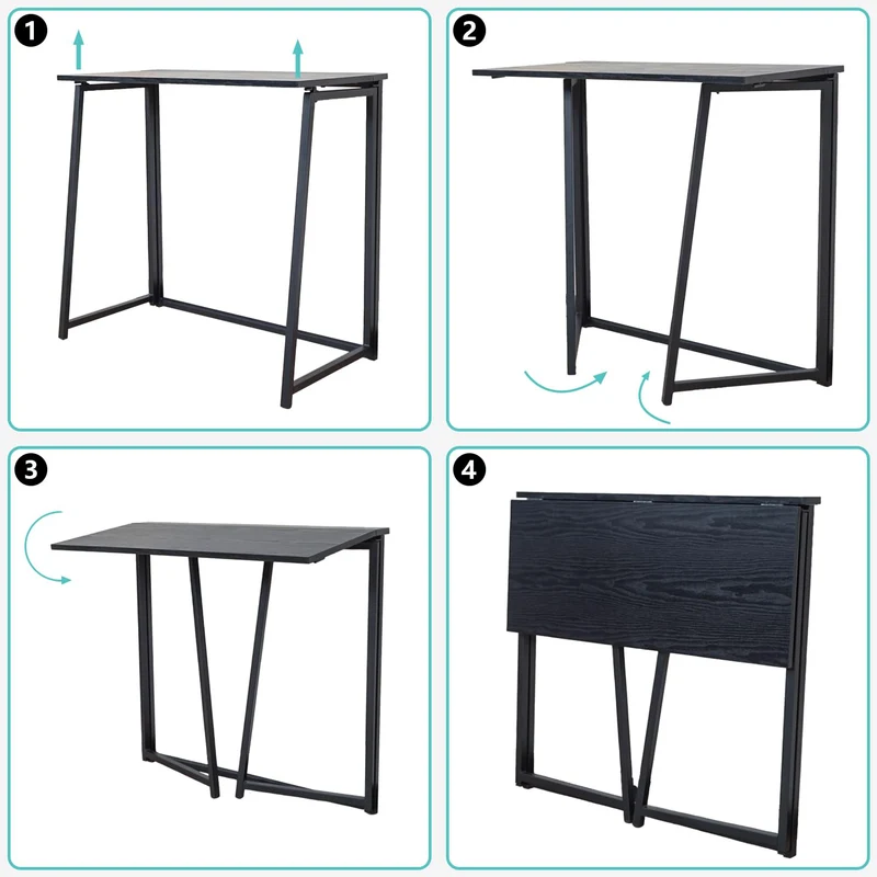 axisgo - MEUBLE COSY Klapptisch Kleiner Klappbarer Schreibtisch Laptoptisch aus Holz und Metall Computertisch fürs Büro, Wohnzimmer, Home Office, Industrie-Design, Schwarz