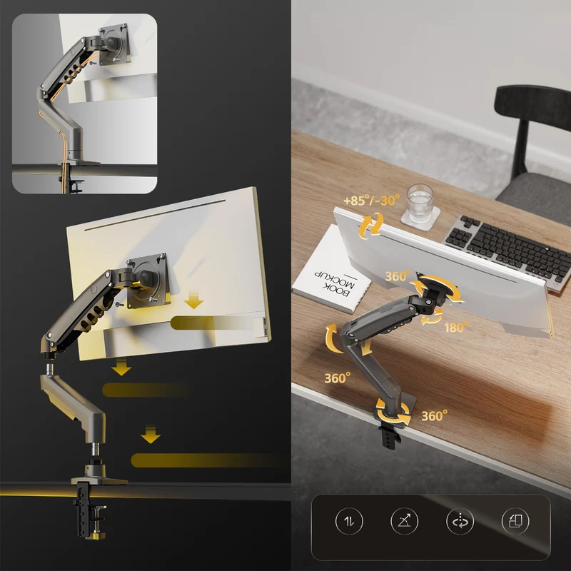 axisgo - Ergosolid für PC-Monitor, Gelenkarm, ergonomisch, Gasfeder, 17-30 Zoll, VESA 75 mm und 100 mm, drehbar 360 Degree F80-0