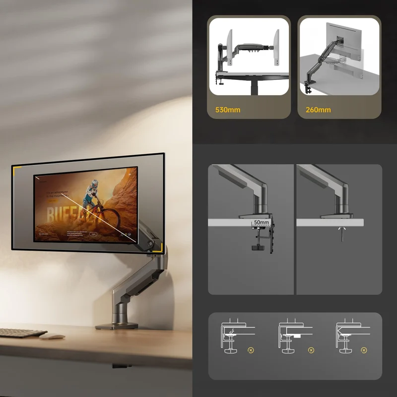 axisgo - Ergosolid für PC-Monitor, Gelenkarm, ergonomisch, Gasfeder, 17-30 Zoll, VESA 75 mm und 100 mm, drehbar 360 Degree F80-0