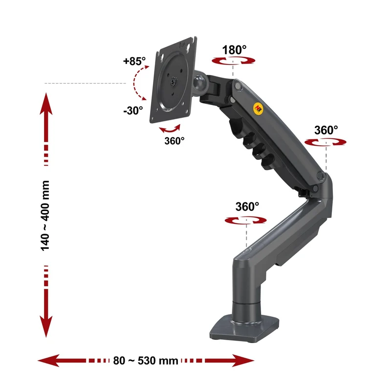 axisgo - Ergosolid für PC-Monitor, Gelenkarm, ergonomisch, Gasfeder, 17-30 Zoll, VESA 75 mm und 100 mm, drehbar 360 Degree F80-0