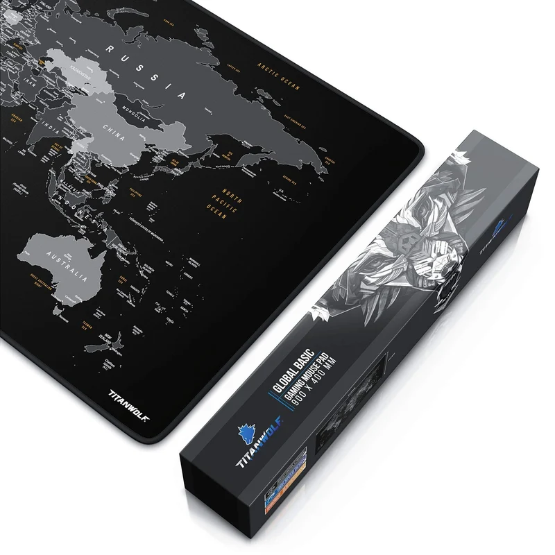 axisgo - TITANWOLF - XXL Mauspad Gaming Titanwolf 900x400 mm - Mousepad XXL Gaming Groß - Tischunterlage Large Size - verbessert Präzision und Geschwindigkeit - Design Weltkarte Schwarz