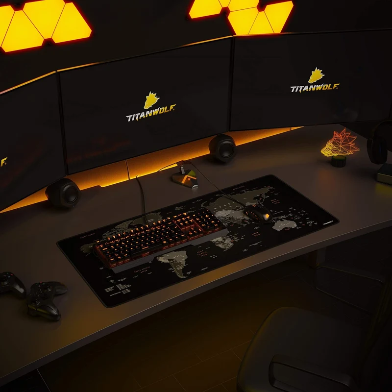 axisgo - TITANWOLF - XXL Mauspad Gaming Titanwolf 900x400 mm - Mousepad XXL Gaming Groß - Tischunterlage Large Size - verbessert Präzision und Geschwindigkeit - Design Weltkarte Schwarz