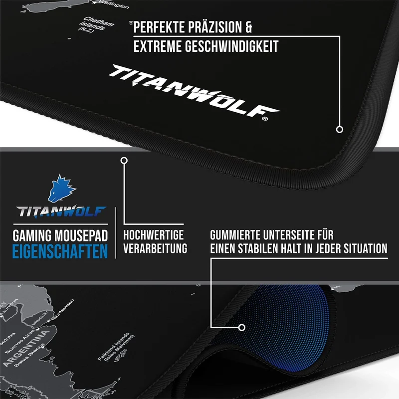 axisgo - TITANWOLF - XXL Mauspad Gaming Titanwolf 900x400 mm - Mousepad XXL Gaming Groß - Tischunterlage Large Size - verbessert Präzision und Geschwindigkeit - Design Weltkarte Schwarz