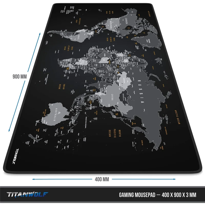 axisgo - TITANWOLF - XXL Mauspad Gaming Titanwolf 900x400 mm - Mousepad XXL Gaming Groß - Tischunterlage Large Size - verbessert Präzision und Geschwindigkeit - Design Weltkarte Schwarz