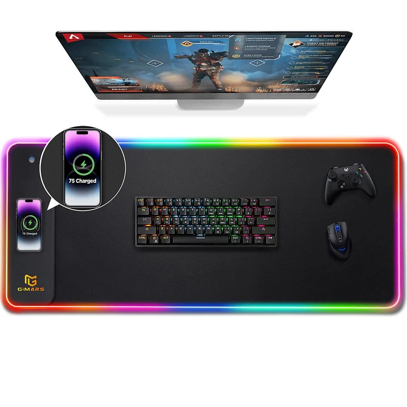 axisgo - Gimars Upgrade Gaming Mauspad RGB, 15W Kabelloser Schnellladung, 800x300x5mm, Mousepad XXL mit 10 Farben LED-Licht, Groß LED Mouse Pad Gaming Zubehör mit Glatter Oberfläche, Rutschfester Gummifuß