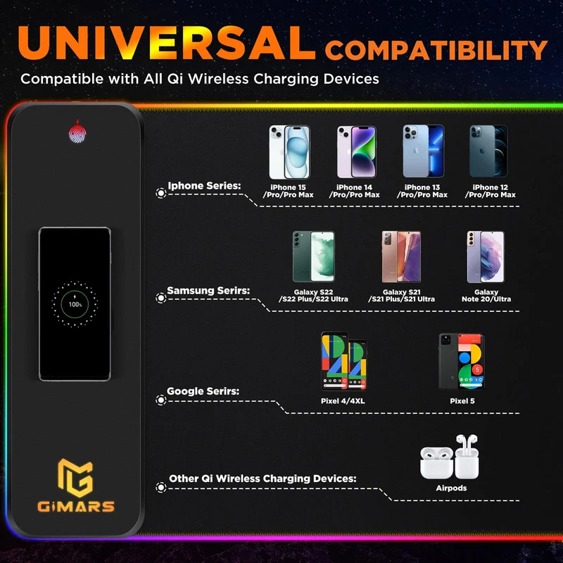 axisgo - Gimars Upgrade Gaming Mauspad RGB, 15W Kabelloser Schnellladung, 800x300x5mm, Mousepad XXL mit 10 Farben LED-Licht, Groß LED Mouse Pad Gaming Zubehör mit Glatter Oberfläche, Rutschfester Gummifuß