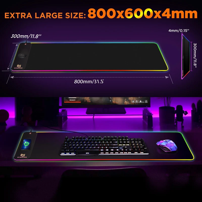 axisgo - Gimars Upgrade Gaming Mauspad RGB, 15W Kabelloser Schnellladung, 800x300x5mm, Mousepad XXL mit 10 Farben LED-Licht, Groß LED Mouse Pad Gaming Zubehör mit Glatter Oberfläche, Rutschfester Gummifuß