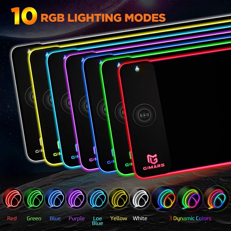 axisgo - Gimars Upgrade Gaming Mauspad RGB, 15W Kabelloser Schnellladung, 800x300x5mm, Mousepad XXL mit 10 Farben LED-Licht, Groß LED Mouse Pad Gaming Zubehör mit Glatter Oberfläche, Rutschfester Gummifuß