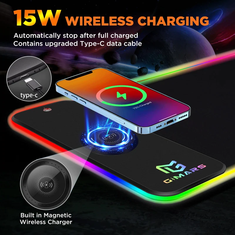 axisgo - Gimars Upgrade Gaming Mauspad RGB, 15W Kabelloser Schnellladung, 800x300x5mm, Mousepad XXL mit 10 Farben LED-Licht, Groß LED Mouse Pad Gaming Zubehör mit Glatter Oberfläche, Rutschfester Gummifuß