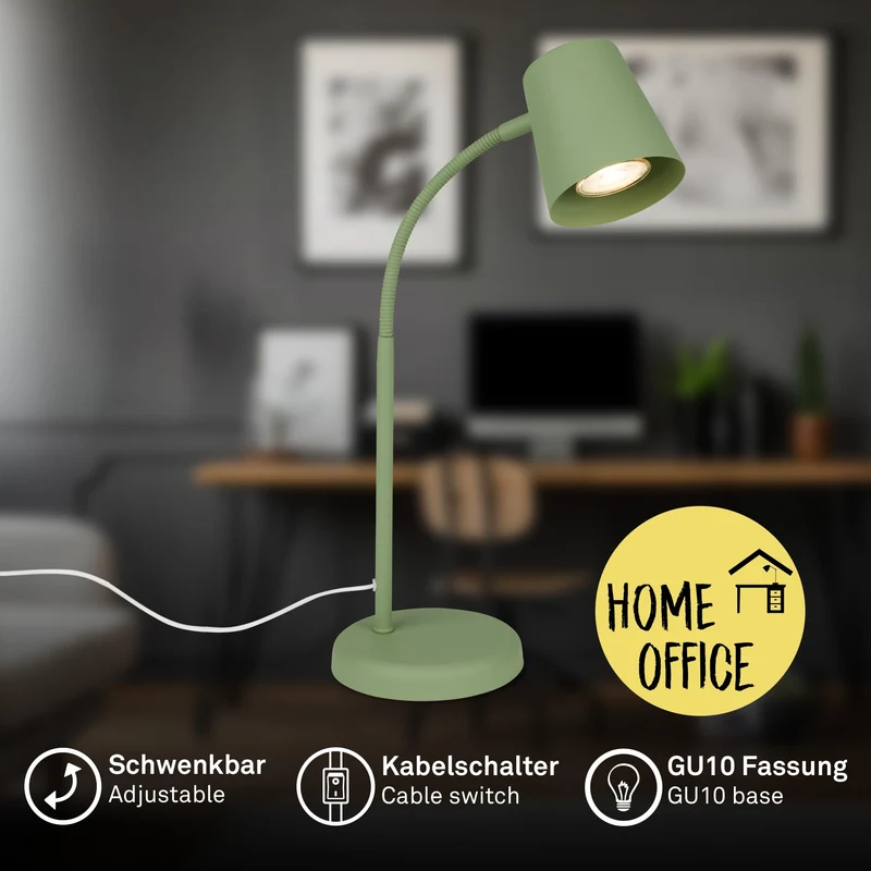 axisgo - BRILONER – Nachttischlampe, Schreibtischlampe Schwenkbar, Tischlampe GU10 für Home Office mit Kabelschalter, Leselampe, Lindgrün