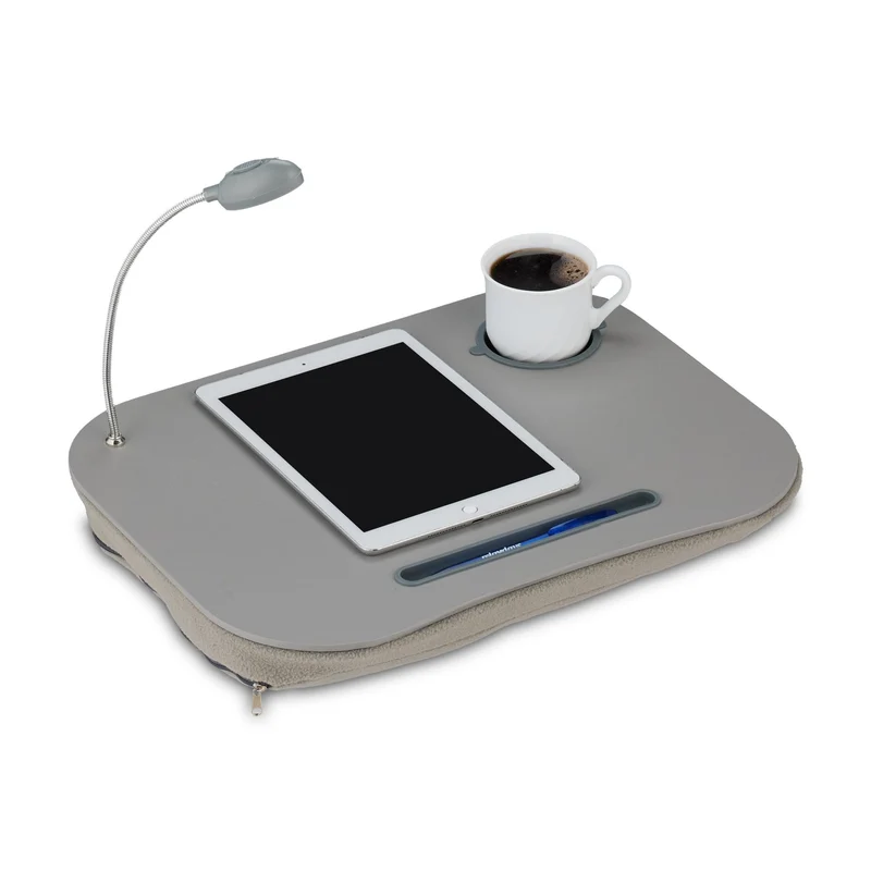 axisgo - Relaxdays Laptopkissen, LED-Licht, tragbar, flacher Lapdesk, mit Getränkehalter, weiches kleines Schosstablett, grau
