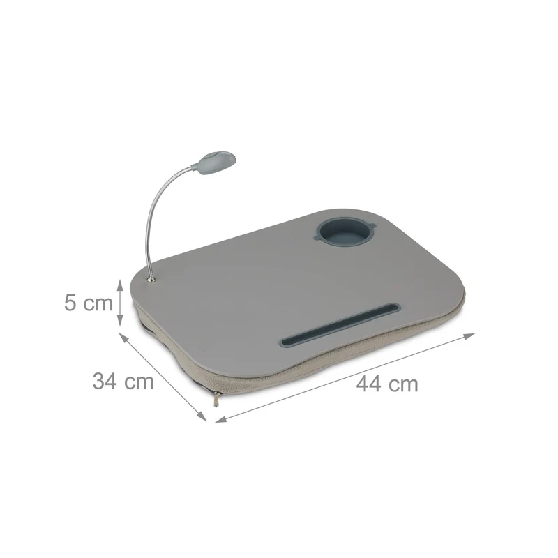 axisgo - Relaxdays Laptopkissen, LED-Licht, tragbar, flacher Lapdesk, mit Getränkehalter, weiches kleines Schosstablett, grau