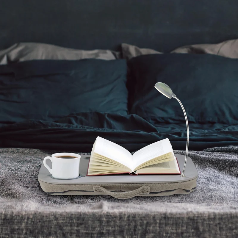 axisgo - Relaxdays Laptopkissen, LED-Licht, tragbar, flacher Lapdesk, mit Getränkehalter, weiches kleines Schosstablett, grau