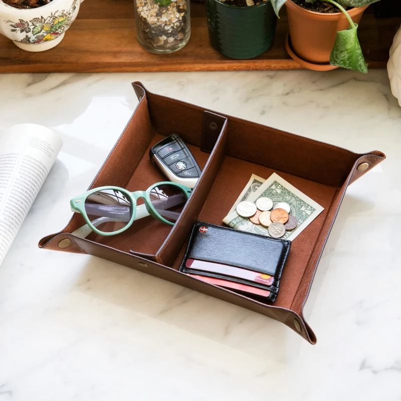 axisgo - Londo Leder Taschenleerer - Vide Poche - Ledertablett Organizer, Praktische Aufbewahrungsbox - für Geldbörsen, Uhren, Schlüssel, Münzen, Handys und Büroausstattung