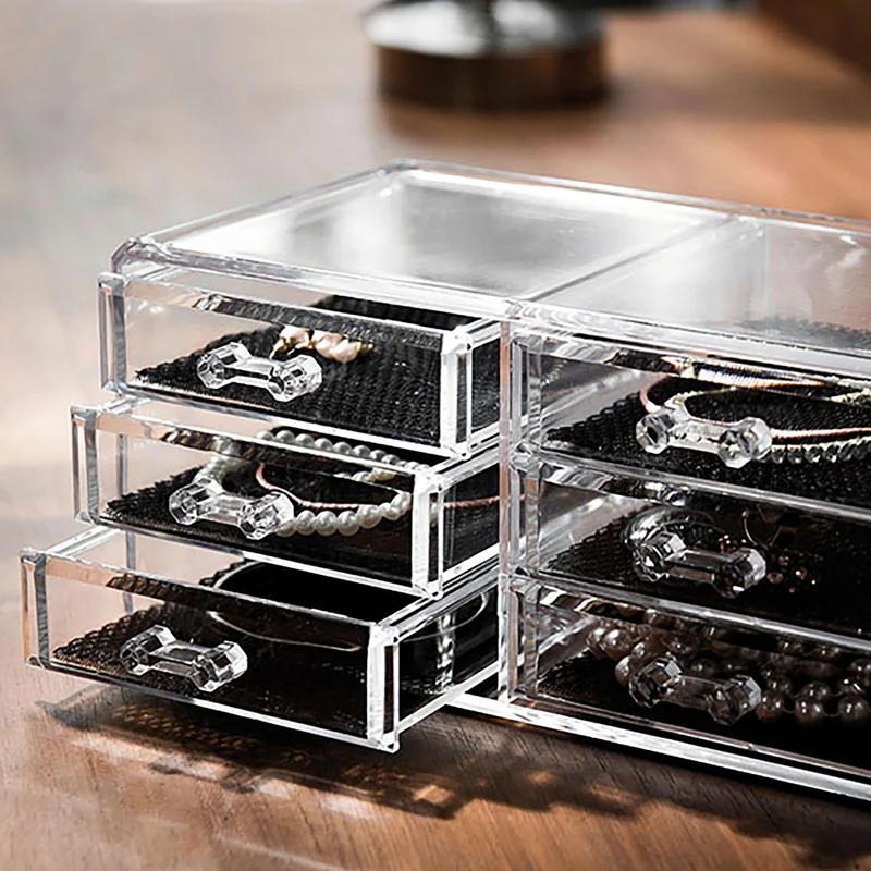 axisgo - Compactor RAN6044 Make-up- und Schmuck-Aufbewahrungsbox mit 6 Schubladen, transparent, Polystyrol und Stoff, 23,8 x 15 x Höhe 11 cm