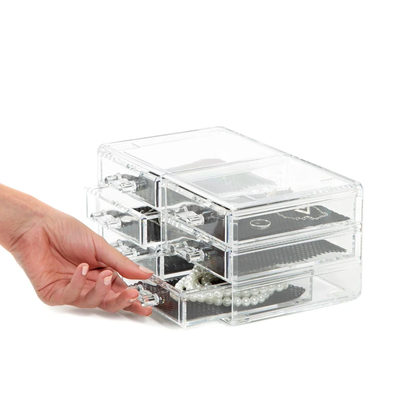 axisgo - Compactor RAN6044 Make-up- und Schmuck-Aufbewahrungsbox mit 6 Schubladen, transparent, Polystyrol und Stoff, 23,8 x 15 x Höhe 11 cm