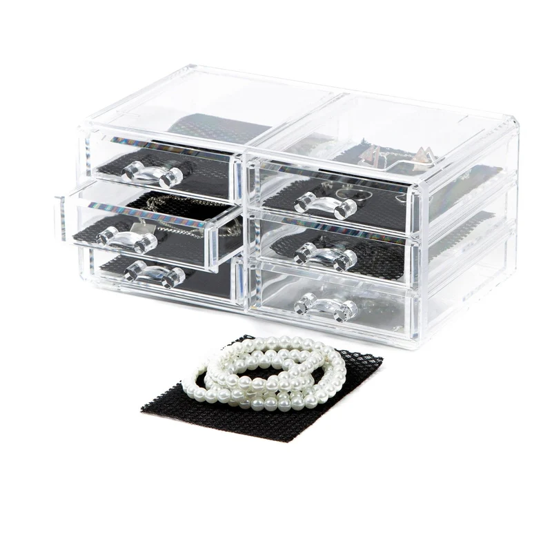 axisgo - Compactor RAN6044 Make-up- und Schmuck-Aufbewahrungsbox mit 6 Schubladen, transparent, Polystyrol und Stoff, 23,8 x 15 x Höhe 11 cm